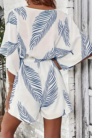 V Neck Printed Button Tie Waist Casual Romper