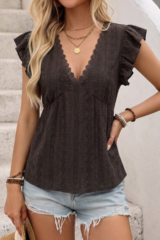 Lace Patchwork V Neck Ruffle Sleeves Tops
