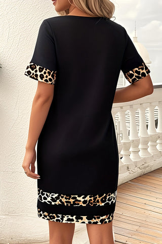 Leopard Print Patchwork Short Sleeve Casual Dress