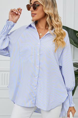 Ruched Cuff Striped Loose Fit Shirt Top