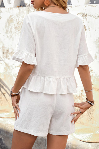 Solid Ruffle Sleeves Casual Two Piece Set