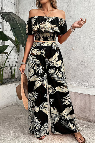 Off The Shoulder Leaf Print Two Piece Set