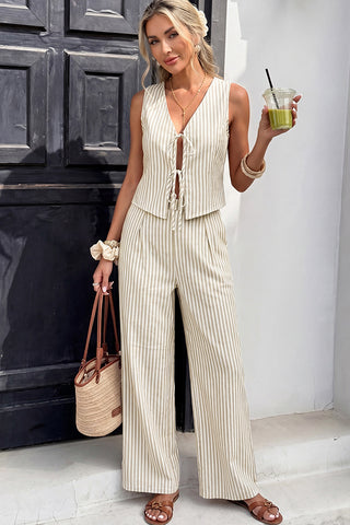 Stripe Print Tie Front Cutout Two Piece Set