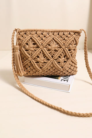 Fashion Solid Tassel  Woven Crossbody Bag