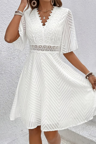V Neck Lace Patchwork Hollow Solid Dress