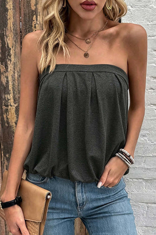 Fashionable Solid Bandeau Pleated Casual Top