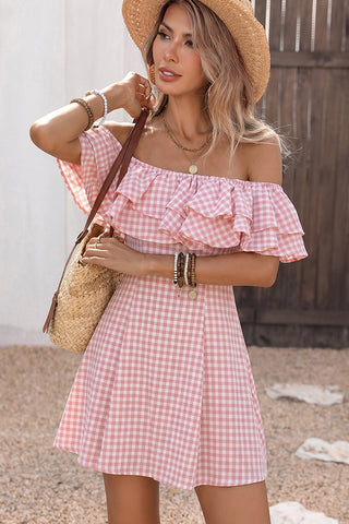 Off The Shoulder Plaid Print Ruffled Mini Dress