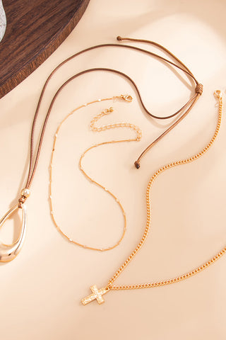 Vintage Hollow Water Drop Cross Layered Necklace