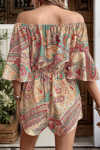Off-Shoulder Paisley Print Puff Sleeve Romper