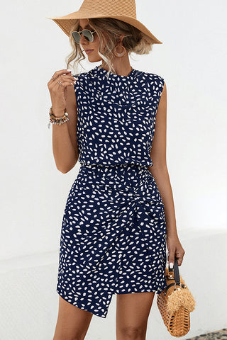 Polka Dot Print Cowl Neck Sleeveless Mini Dress