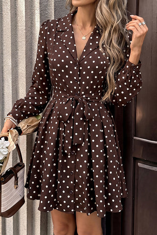 Polka Dot Print Lapel Tie Waist Mini Dress
