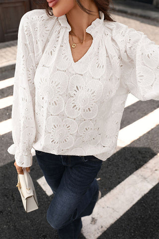 Solid Color Lace Patchwork V Neck Top