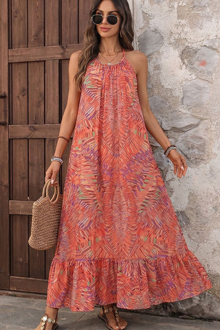 Ethnic Style Printed Halter Neck Backless Dress