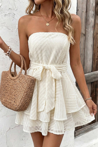 Solid Bandeau Smocked Back Tie Waist Mini Dress