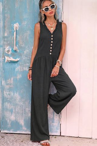 V Neck Solid Color Frill Casual Jumpsuit