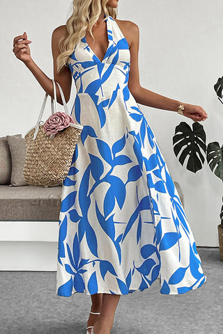 V Neck Leaf Print Slit Design Halter Neck Dress