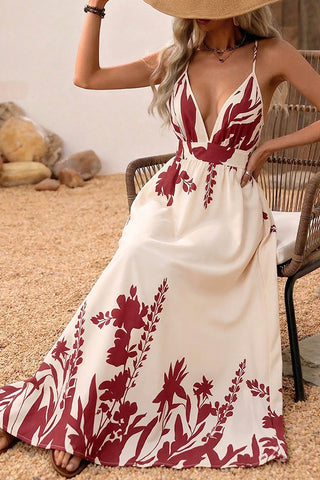 Deep V Neck Printed Back Cross Maxi Dress