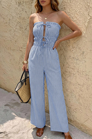 Stripe Print Bandeau Cutout Tie Front Jumpsuit