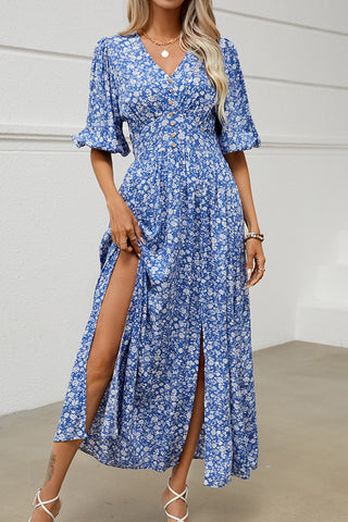 V Neck Floral Print Slit Design Maxi Dress