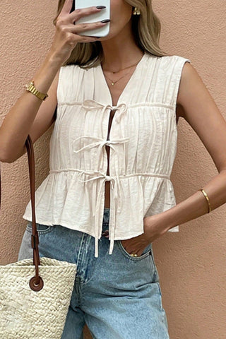 Solid Color Tie Front Hollow Design Casual Top