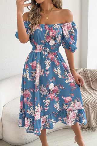 Resort Style Floral Print Smocked Waist Dress