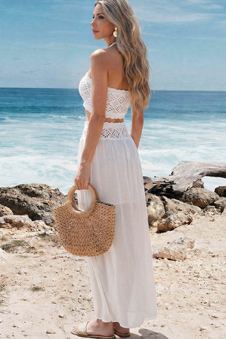 Solid Bandeau Knitted Hollow Two Piece Set