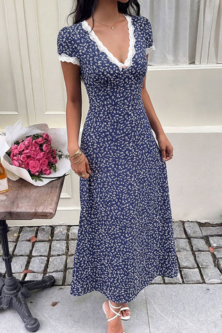 Lace Patchwork V Neck Floral Print Dress