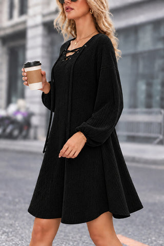 V Neck Cross Tie Lantern Sleeve Knitted Dress