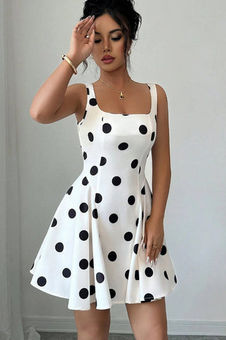 Dots Print Square Neck Cinched Waist Dress