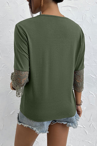 Lace Patchwork V Neck Solid Casual Top
