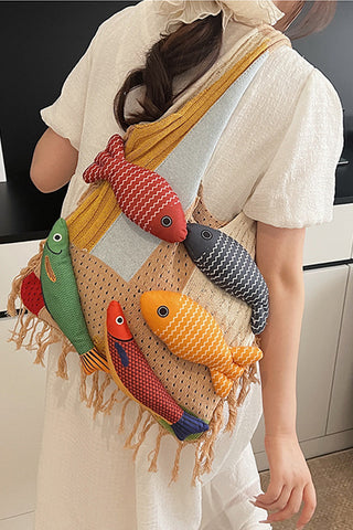 Bohemian Style Fish Design Color Block Knitted Bags