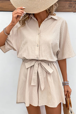 Solid Color Lapel Tie Waist Casual Romper