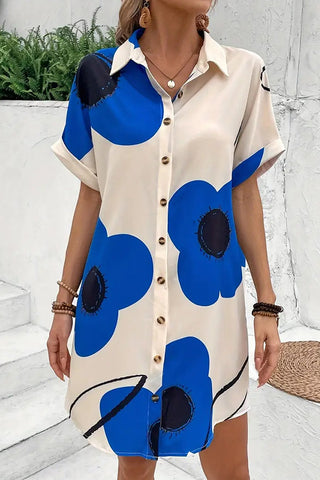 Fashion Color Block Lapel Button Shirt Dress