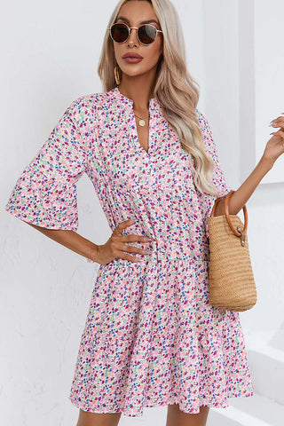Floral Print V Neck Flared Sleeves Casual Dress