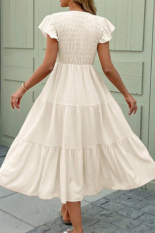 V Neck Smocked Solid Color Casual Dress