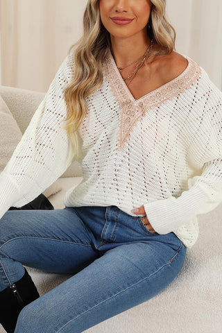 Lace Patchwork V Neck Batwing Sleeve Top