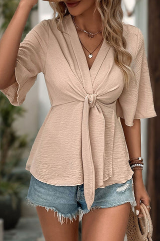 Solid Color V Neck Knot Front Casual Tops