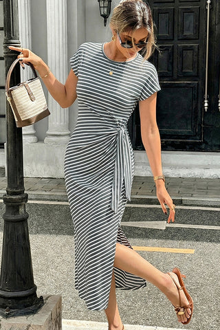 Stripe Print Knot Side Slit Design Dress