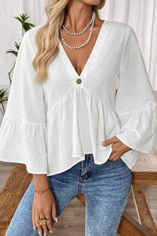 V Neck Solid Ruffle Sleeves Casual Tops