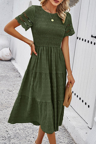 Solid Color Smocked Round Neck Casual Dress