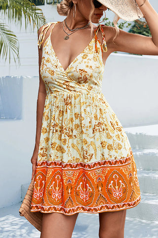 Bohemian Print V Neck Tie Shoulder Mini Dress