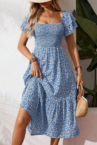 Floral Print Square Neck Smocked Dress