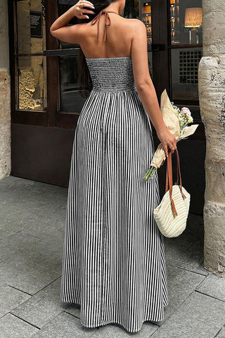 Stripe Print Color Block Deep V Neck Dress