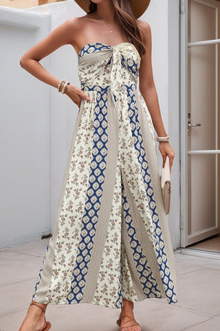 Bandeau Printed Tie Front Casual Jumpsuit