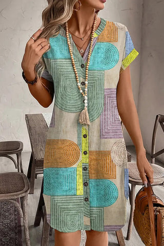 Color Block V Neck Printed Button Casual Dress