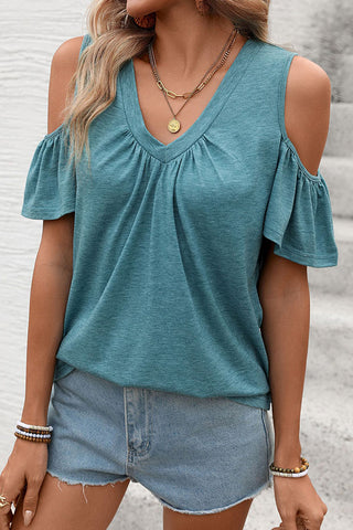 V Neck Solid Off-Shoulder Ruched Casual Tops