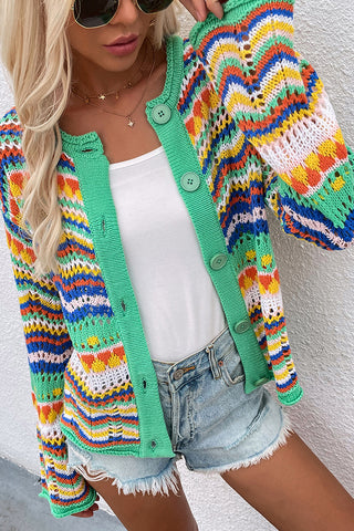 Color Block Hollow Knitted Open Front Cardigan