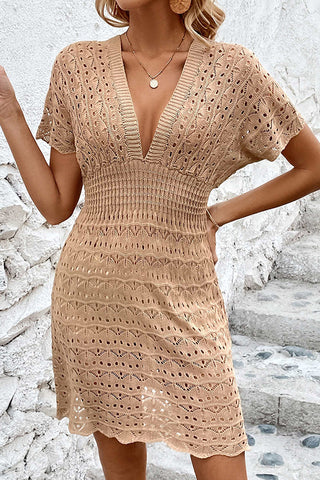 Deep V Neck Solid Hollow Swimsuit Cover Up