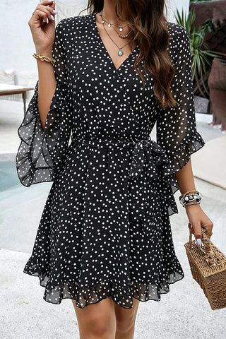 Polka Dot Print V Neck Chiffon Dress