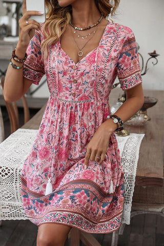 Bohemian Style Printed V Neck Tassel Mini Dress
